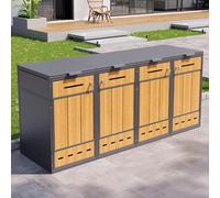 Merax Cache-poubelles verrouillable avec couvercle à charnière et portes avant, tri des déchets, avec trous d'aération, armoire en acier aspect bois, pour jardin et cour, couleur bois et gris