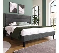 Merax Cadre de Lit Capitonné 140 x 200 cm Avec Sommier à Lattes et Tête de Lit, Double Rembourré, Housse Textile en Lin Gris Foncé, Design Moderne Intemporel