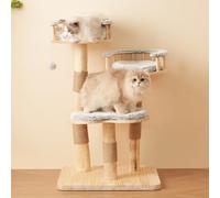 Merax Cadre d'escalade pour chat de 98 cm de haut, en bois massif, avec 3 niveaux, coussin nuage amovible, troncs griffoirs en sisal et balle de jeu, meuble moderne pour chat gris mat