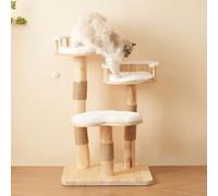 Merax Cadre d'escalade pour chat de 98 cm de haut, en bois massif, avec 3 niveaux, coussin nuage amovible, troncs griffoirs en sisal et balle de jeu, meuble moderne pour chat blanc mat