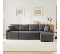 Merax Canapé d'angle en forme de L avec tabouret mobile, canapé modulaire en Corduroy de 5 places, avec espace de rangement sous les sièges, 2 coussins, gris (l x P x H) : 280 x 146 x 85 cm