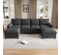 Merax Canapé d'angle modulable en forme de U Cloud avec espace de rangement, canapé d'angle en chenille avec 2 repose-pieds mobiles, dossier haut, noir, 264,5 x 142,5 x 84 cm