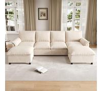 Merax Canapé d'angle modulable en forme de U Cloud avec espace de rangement, canapé d'angle en chenille avec 2 repose-pieds mobiles, dossier haut, beige, 264,5 x 142,5 x 84 cm