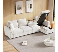 Merax Canapé d'angle multifonction 4 places, avec espace de rangement et fonction sommeil, table basse pliable, porte-gobelet, compartiments de rangement pour accoudoirs, USB + type C, tissu chenille