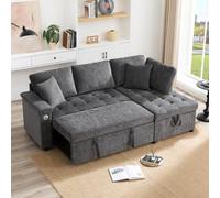 Merax Canapé L-Sofa Moderne avec Canapé-lit Extensible - Canapé Multifonctionnel avec Fonction Couchage, Espace de Rangement, Chargeur USB, Porte-gobelet, 2 Oreillers, Gris - Pour Salon, Chambre