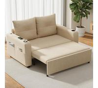 Merax Canapé-lit 2 places - 131 x 187 x 94 cm - Petit canapé - Avec fonction de couchage - Canapé convertible 3 en 1 avec porte-gobelet, port USB et poches latérales - Tissu en lin - Beige