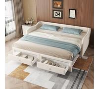 Merax Canapé-lit capitonné 90 x 200 cm avec lit gigogne avec deux tiroirs, style minimaliste en lin, lit d'invités pour adolescents et enfants, sans matelas, beige