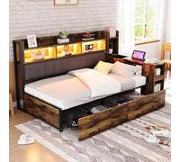 Merax Canapé-lit en fer 90 x 200 cm, avec bureau extensible, éclairage LED, prises, grand espace de rangement et tiroirs, compartiments cachés, cadre en métal solide, couleur bois (sans matelas)