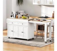 Merax Chariot de service Ilot de cuisine sur roulettes, Chariot de cuisine avec plan de travail extensible, 2 tiroirs et 4 portes, Armoire de cuisine mobile, Blanc+Naturel