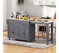 Merax Chariot de service Ilot de cuisine sur roulettes, Chariot de cuisine avec plan de travail extensible, 2 tiroirs et 4 portes, Armoire de cuisine mobile, Gris+Naturel