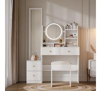 Merax Coiffeuse 4 en 1 avec tabouret, miroir intégral, miroir de table LED pivotant, luminosité réglable, 4 tiroirs et étagères ouvertes, blanc