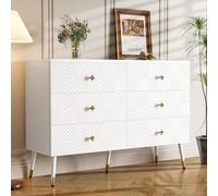 Merax Commode 120 x 40 x 80 cm, avec 6 tiroirs, buffet moderne avec motifs géométriques et poignées en forme de diamant, pieds en métal blanc/doré, espace de rangement généreux, pour chambre à coucher