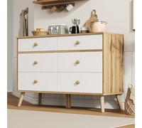 Merax Commode à 6 tiroirs, moderne, multi-usages, pour salon, couloir, chambre à coucher, unité de rangement, tiroir coulissant, commode d'angle en bois, couleur bois et blanc, 116 cm
