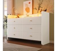 Merax Commode blanche à 6 tiroirs, 120 cm, buffet LED, ouverture par le haut, moderne, pour chambre et salon, multi-usages, en bois, design rainuré