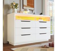 Merax Commode blanche à 6 tiroirs, 120 cm de large, avec éclairage LED, étagère ouverte, commode moderne pour chambre, salon, couloir, multifonctionnelle, en bois, coulisses