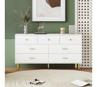 Merax Commode blanche avec 7 tiroirs, moderne, 140 cm, multifonctionnelle, espace de rangement, pieds en métal, poignée dorée, chambre à coucher, salon, couloir