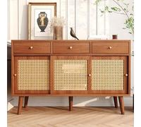 Merax Commode en rotin avec 3 tiroirs et 3 Portes coulissantes - Design Noyer avec Pieds en Bois Massif et poignées en métal doré