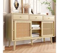 Merax Commode en rotin tressé Buffet avec étagères réglables, bahut avec 3 tiroirs et 3 portes coulissantes, meubles de salon en rotin bahut en bois massif 120*40*78cm