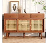 Merax Commode en rotin tressé Buffet avec étagères réglables, bahut avec 3 tiroirs et 3 portes coulissantes, meubles de salon en rotin bahut en bois massif 120*40*78cm