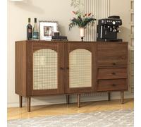 Merax Commode en rotin tressé Sideboard avec 3 portes et 2 tiroirs, commode de style rustique antique en bois et rotin, L/H/P:130/76/41 cm