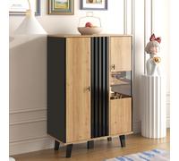 Merax Commode Highboard avec 8 compartiments incl. LED, Vitrine avec porte en verre, Sideboard style cottage Commode haute Armoires de salon, 80x120x40cm