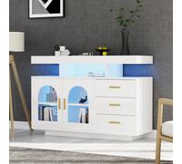 Merax Commode Sideboard avec façade brillante, commode avec 3 tiroirs et 2 portes, buffet incl. LED, blanc