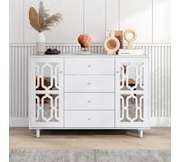 Merax Commode Sideboard avec portes vitrées en miroir et 4 tiroirs, buffet style cottage Armoire de cuisine 148x102x40cm, Blanc