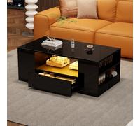 Merax DE_WF283904SAA_ZYP Table Basse Moderne Brillante avec LED, Tables d'appoint pour Salon, Table de Salon, Table Basse, 2 tiroirs et 2 étagères, matériau dérivé du Bois, Noir, 95 x 53 x 37 cm