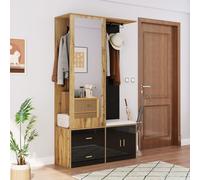 Merax Ensemble d'armoires avec miroir, armoire à chaussures & banc à chaussures, garde-robe avec cintres extensibles, design peu encombrant en noir/bois