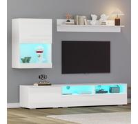 Merax Ensemble de 3 meubles de salon brillants avec LED, meuble TV bas, étagère murale, vitrine suspendue ou debout, meuble de salon complet, mur d'armoire élégant, mur multimédia, blanc