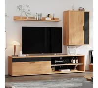 Merax Ensemble de 3 meubles de salon - Meuble TV bas - Étagère murale - À suspendre ou à poser - Meuble de salon complet - Élégant mur d'armoire - Tableau multimédia - Couleur bois et noir