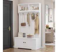 Merax Ensemble de vestiaires avec banc à chaussures et crochets, ensemble de vestiaires d'entrée Scandi, vestiaire compact banc de vestiaires panneau de vestiaires en bois massif, blanc