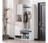 Merax Ensembles de Meubles pour entrée Garderobenset Complet avec Banc, 4 Crochets, Portes et Tiroirs - Mobilier d'Entrée Multifonction Blanc - Dimensions Compactes 100×180×35 cm (L×H×P)