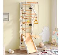 Merax Espalier 6 en 1 Mur d'escalade Mur d'escalade avec toboggan/bascule/anneaux/échelle pour bébés et échelle de corde, équipement de gymnastique en bois pour enfants en intérieur
