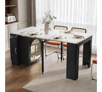 Merax Îlot de cuisine autonome avec plan de travail extensible sur roulettes, îlot de cuisine avec espace de rangement, LED et motif marbre, prise, table à manger, buffet, table de bar pour cuisine et