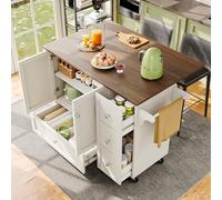 Merax îlot de cuisine avec plan de travail pliable, chariot de cuisine mobile avec 2 portes, 3 tiroirs, étagères à serviettes sur le côté, 128 x 46 (71) x 92,5 cm, blanc