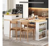 Merax Ilot de cuisine avec roulettes et table à manger extensible 58-154 cm, chariot de cuisine avec plateau de table pliable, multiprise, éclairage LED, 4 tiroirs, étagère réglable et crochet, blanc