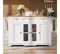 Merax Îlot de cuisine et chariot de salle à manger, avec cloisons amovibles, armoire de buffet, en grain de bois et verre trempé, côtés rabattables, buffet mobile, blanc, 151,5 x 60 x 91,7 cm