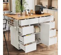 Merax Îlot de cuisine mobile moderne avec plateau de table extensible, chariot de service avec étagère à épices, 8 tiroirs et roulettes, armoire de cuisine avec plan de travail et espace de rangement
