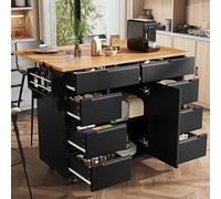 Merax Îlot de cuisine mobile moderne avec table extensible, chariot de service avec étagère à épices, 8 tiroirs et roulettes, armoire de cuisine avec plan de travail et espace de rangement