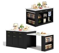 Merax Îlot de cuisine multifonction avec table à manger extensible (150 + 96 cm), table de cuisine noire avec plan de travail en marbre blanc, armoires de rangement intégrées, îlot de cuisine moderne