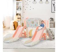 Merax Kit d'aire de jeux pour enfants 8 en 1 avec toboggan, tunnel d'arc, panier de basket et télescope, double toboggan pour tout-petits, cadre d'escalade pour enfants, rose bébé