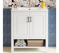Merax Lavabo autoportant, entièrement laqué, armoire à double porte, espace de rangement en différentes tailles, lavabo en céramique intégré, étagères ouvertes, blanc, 76,5 x 47 x 83 cm