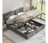 Merax Lit Boxspring hydraulique 140x200cm avec coffre de lit, lit rembourré avec tête de lit réglable en hauteur et sommier à lattes, lit double en velours Lit fonctionnel