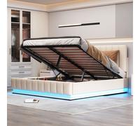 Merax Lit boxspring hydraulique 160 x 200cm avec coffre de lit et LED, lit rembourré avec tête de lit réglable en hauteur, lit de chambre double similicuir