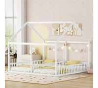 Merax Lit cabane 90x200cm, 2-en-1 Lit d'enfant avec barrière de sécurité et sommier à lattes, Lit fonctionnel lit double pour deux enfants, Bois lit cabane pour filles et garçons, Lit bas, Sans