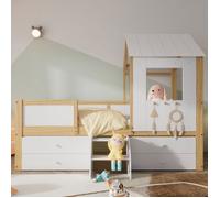 Merax Lit Cabane Enfant - 90x200 cm - Lit Mi-Hauteur avec Toit - 4 Tiroirs - Petite Échelle - Bois Massif Blanc et Naturel