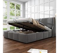 Merax Lit capitonné, 140 x 190 cm, avec sommier à lattes et tête de lit, lit fonctionnel, avec espace de rangement, pour adultes et jeunes, en velours, gris, sans matelas