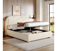 Merax Lit capitonné 140 x 190 cm, réglable hydraulique, avec sommier à lattes, grand espace de rangement et tête de lit rembourrée, tissu bouclé, lit double, chambre moderne, beige (sans matelas)