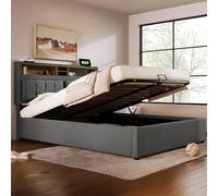 Merax Lit capitonné, 140 x 200 cm, avec prise USB C, lit double, hydraulique, avec sommier à lattes, tête de lit réglable, lit fonctionnel, cadre de lit avec coffre de lit, lin, sans matelas, gris